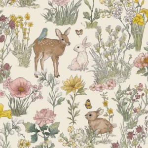 Fibertapet til barnerommet fra Storeys' kolleksjon Tiny Treasures med et eventyrlig mønster av skogsdyr som et rådyr med en liten fugl på ryggen, harer og sommerfugler plassert blant detaljerte engblomster og planter.