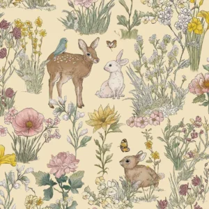 Fibertapet til barnerommet fra Storeys' kolleksjon Tiny Treasures med et eventyrlig mønster av skogsdyr som et rådyr med en liten fugl på ryggen, harer og sommerfugler plassert blant detaljerte engblomster og planter.