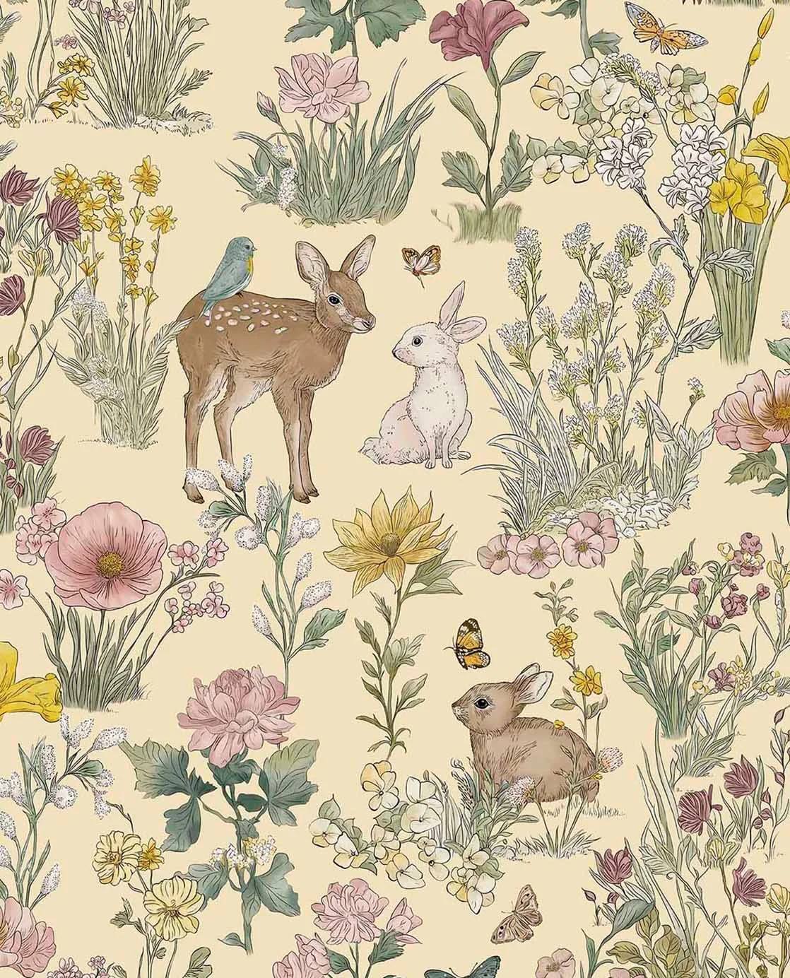 Fibertapet til barnerommet fra Storeys' kolleksjon Tiny Treasures med et eventyrlig mønster av skogsdyr som et rådyr med en liten fugl på ryggen, harer og sommerfugler plassert blant detaljerte engblomster og planter.