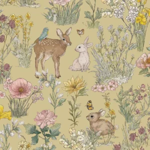Fibertapet til barnerommet fra Storeys' kolleksjon Tiny Treasures med et eventyrlig mønster av skogsdyr som et rådyr med en liten fugl på ryggen, harer og sommerfugler plassert blant detaljerte engblomster og planter.