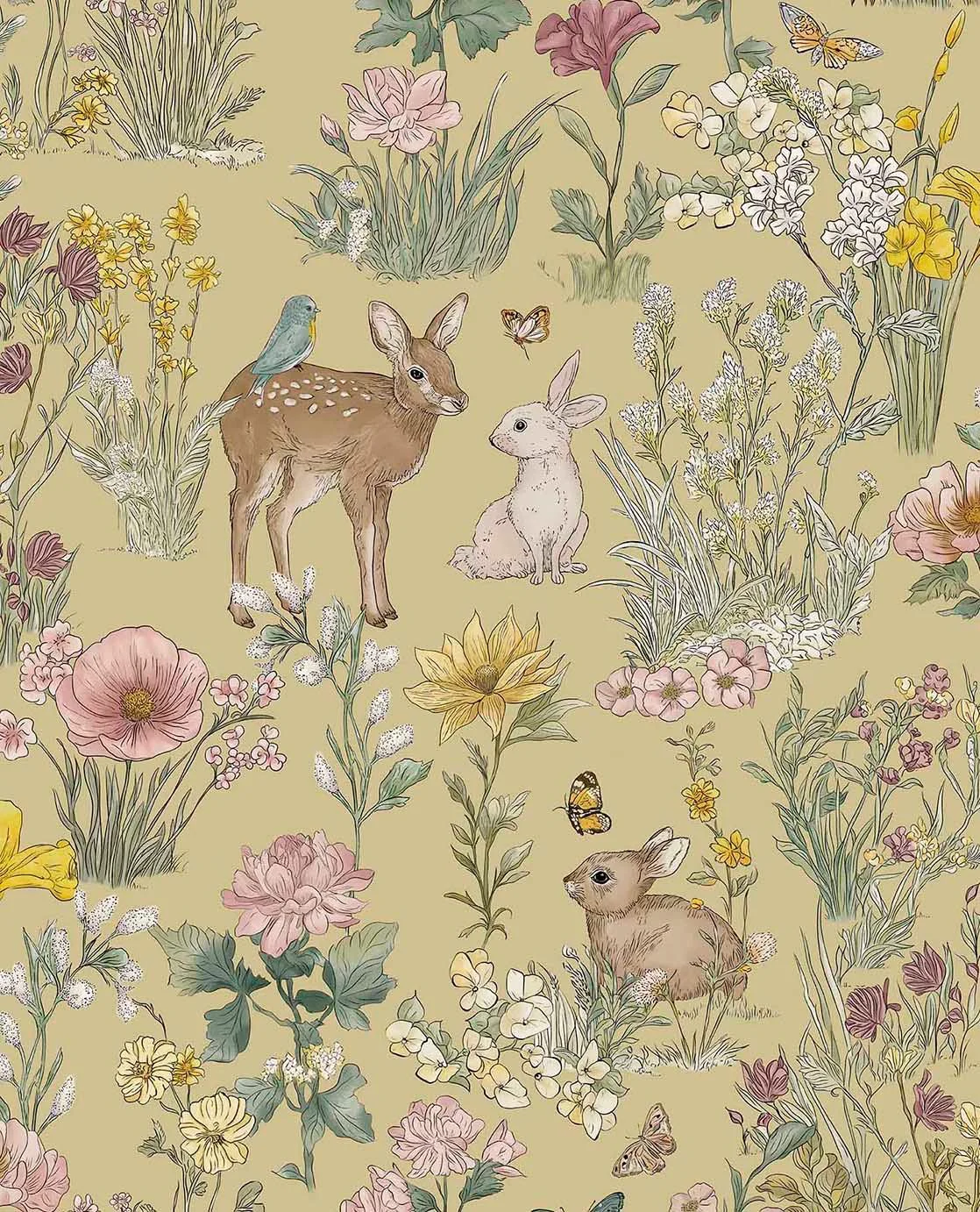 Fibertapet til barnerommet fra Storeys' kolleksjon Tiny Treasures med et eventyrlig mønster av skogsdyr som et rådyr med en liten fugl på ryggen, harer og sommerfugler plassert blant detaljerte engblomster og planter.