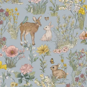 Fibertapet til barnerommet fra Storeys' kolleksjon Tiny Treasures med et eventyrlig mønster av skogsdyr som et rådyr med en liten fugl på ryggen, harer og sommerfugler plassert blant detaljerte engblomster og planter.