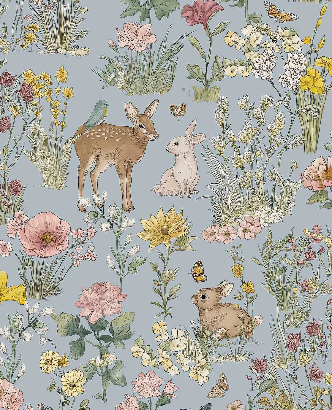Fibertapet til barnerommet fra Storeys' kolleksjon Tiny Treasures med et eventyrlig mønster av skogsdyr som et rådyr med en liten fugl på ryggen, harer og sommerfugler plassert blant detaljerte engblomster og planter.