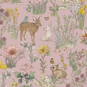 Fibertapet til barnerommet fra Storeys' kolleksjon Tiny Treasures med et eventyrlig mønster av skogsdyr som et rådyr med en liten fugl på ryggen, harer og sommerfugler plassert blant detaljerte engblomster og planter.